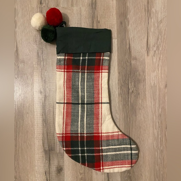 Hearth & Hand Other - Hearth & Hand Linen Blend Plaid Stocking with Pom Pom’s